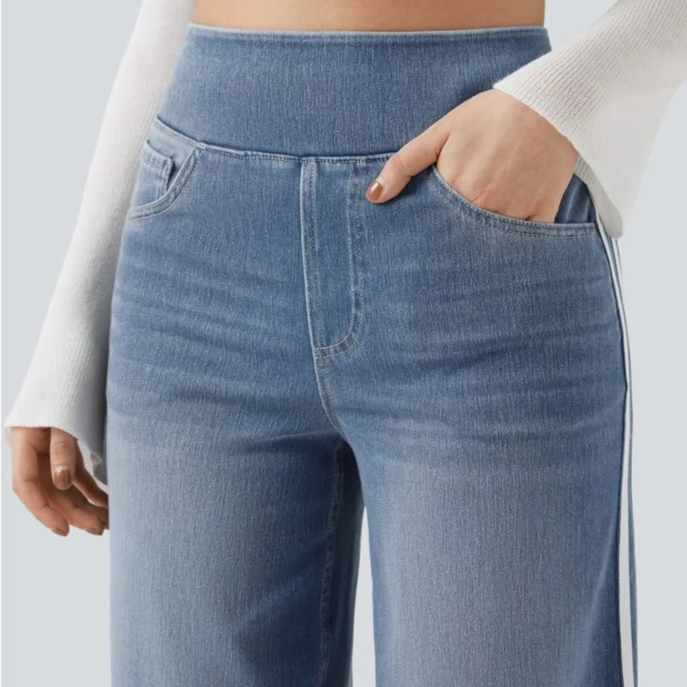 Halara Flex High Waist Stripe Wide Leg Washed Casual Jeans with Pockets Size XL - Picture 3 of 4